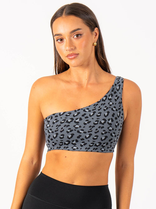 Adapt One Shoulder Sports Bra Steel Blue Leopard