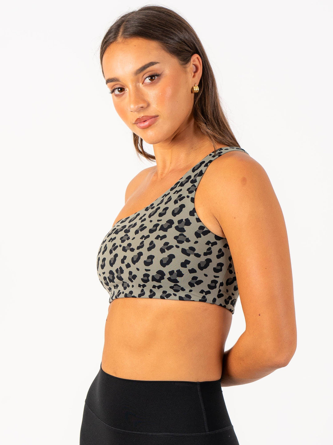 Adapt One Shoulder Sports Bra - Khaki Leopard Clothing Ryderwear 