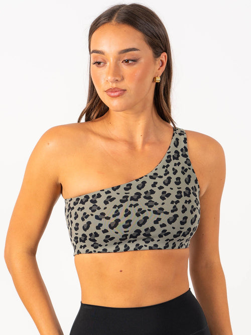 Adapt One Shoulder Sports Bra Khaki Leopard