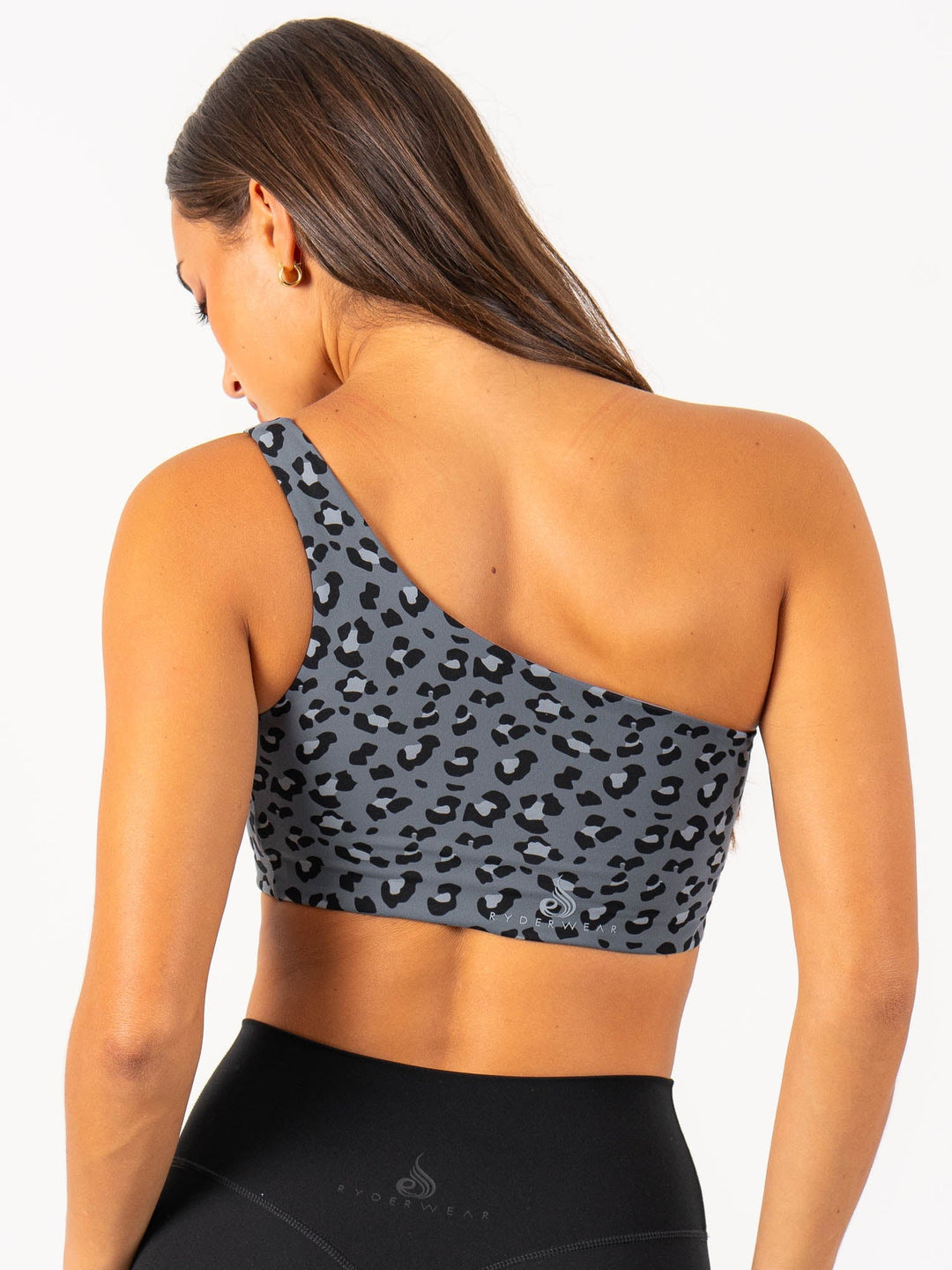 Adapt One Shoulder Sports Bra - Steel Blue Leopard Clothing Ryderwear 