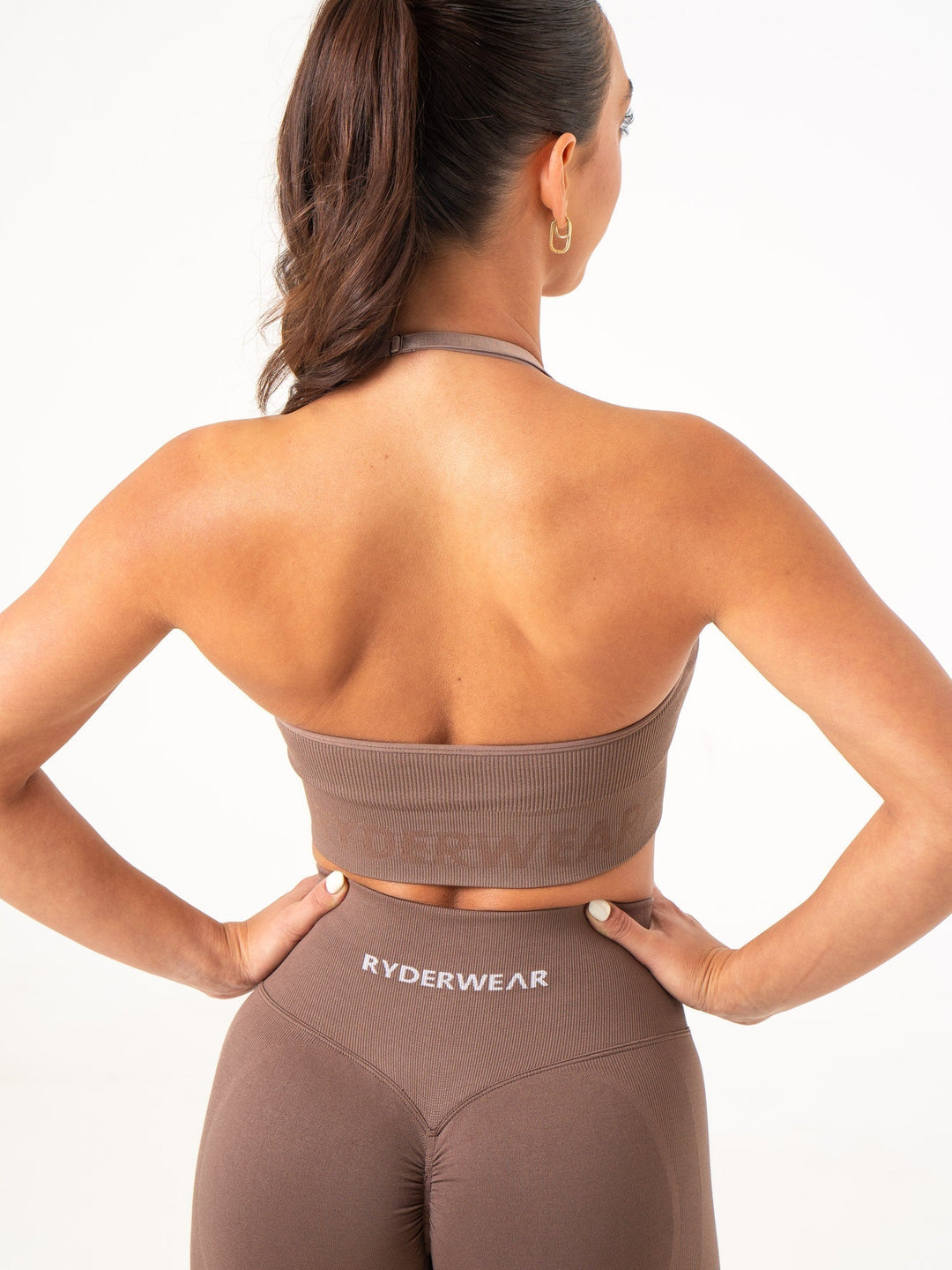 Lift Rib Seamless Halter Sports Bra - Espresso Clothing Ryderwear 