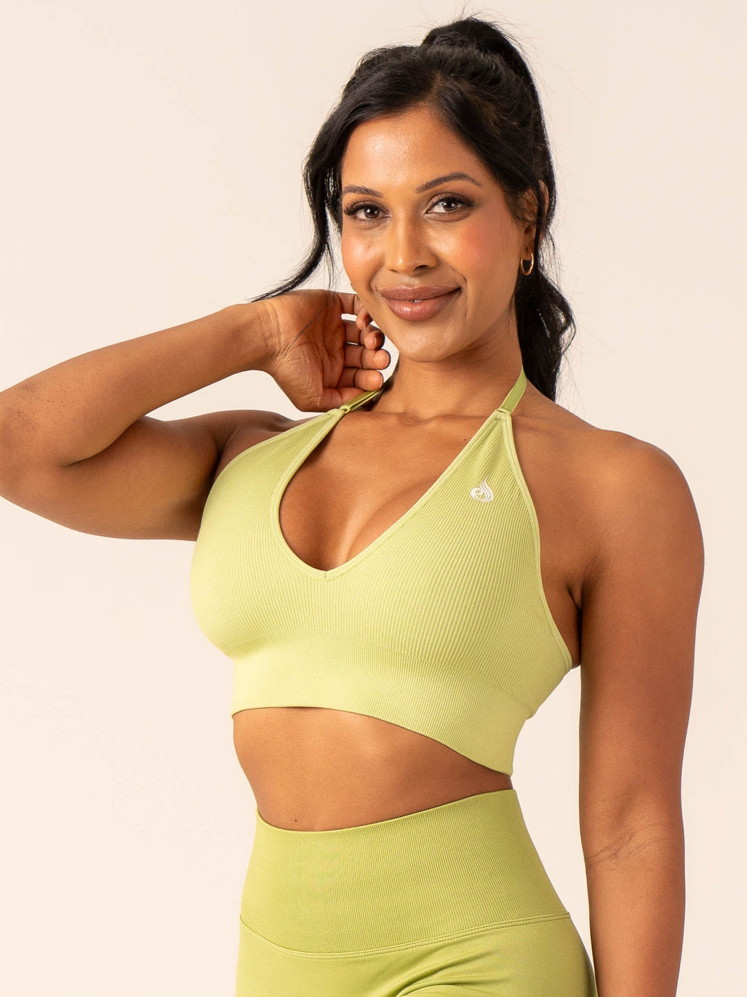 Lift Rib Seamless Halter Sports Bra - Olive Clothing Ryderwear 