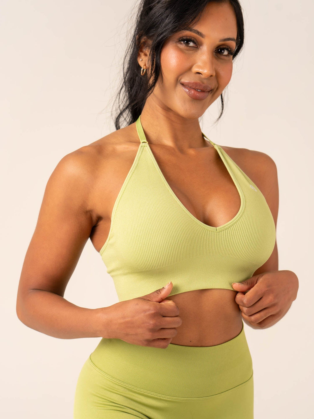 Lift Rib Seamless Halter Sports Bra - Olive Clothing Ryderwear 