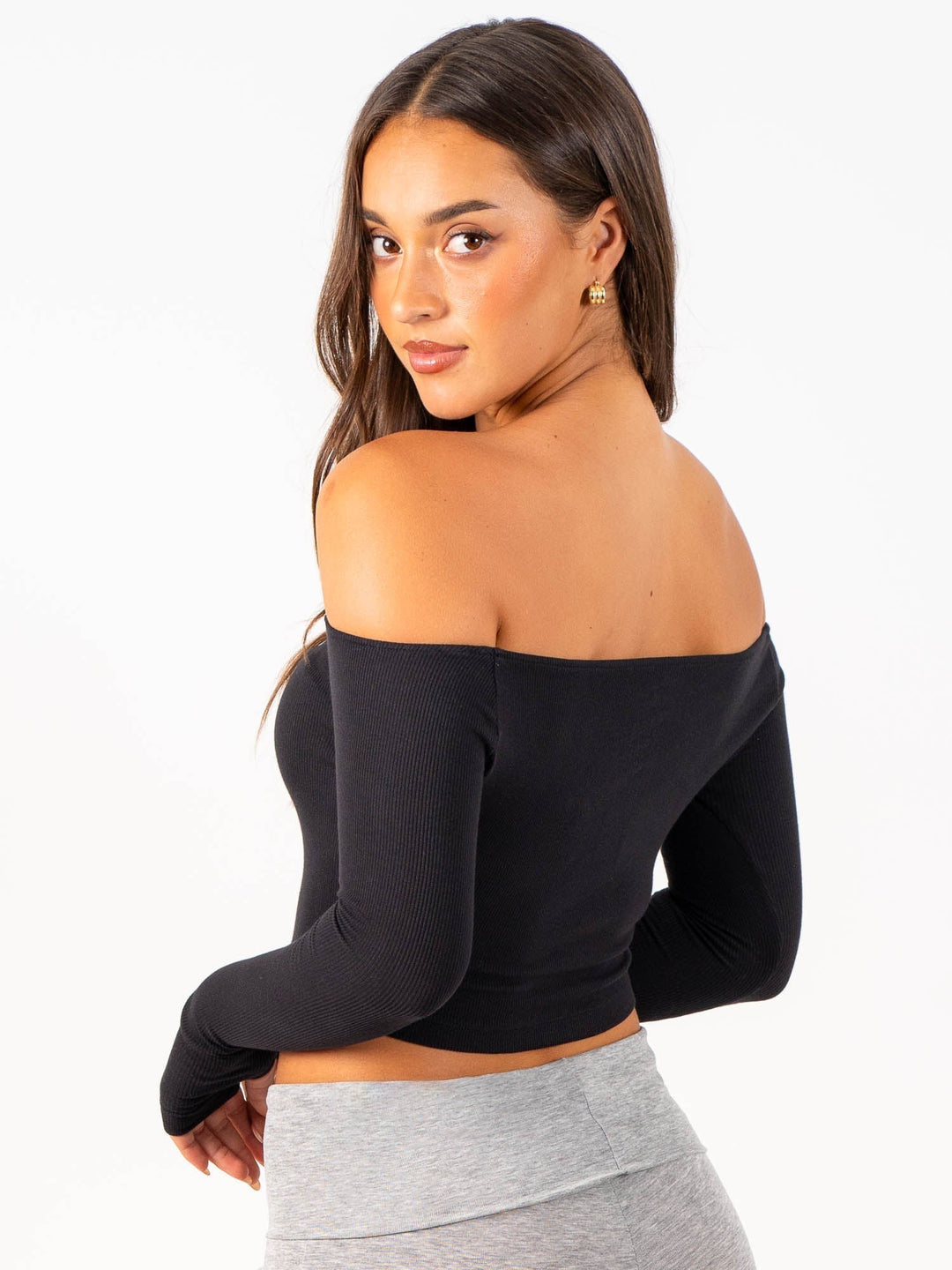 Ribbed Off Shoulder Long Sleeve Top - Black Clothing Ryderwear 