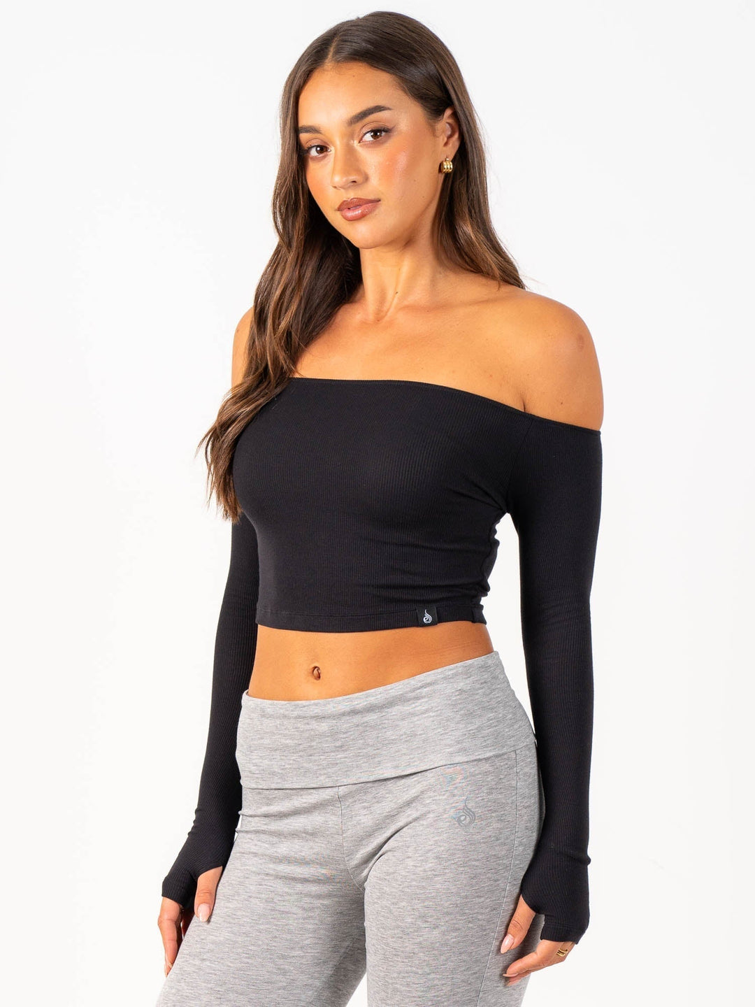 Ribbed Off Shoulder Long Sleeve Top - Black Clothing Ryderwear 
