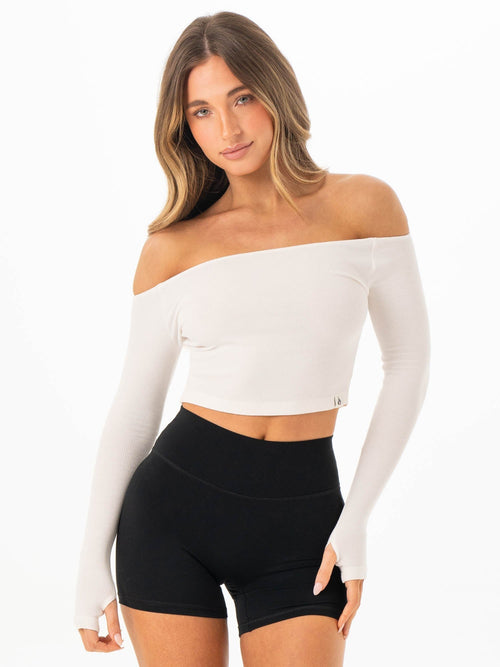 Ribbed Off Shoulder Long Sleeve Top Off White