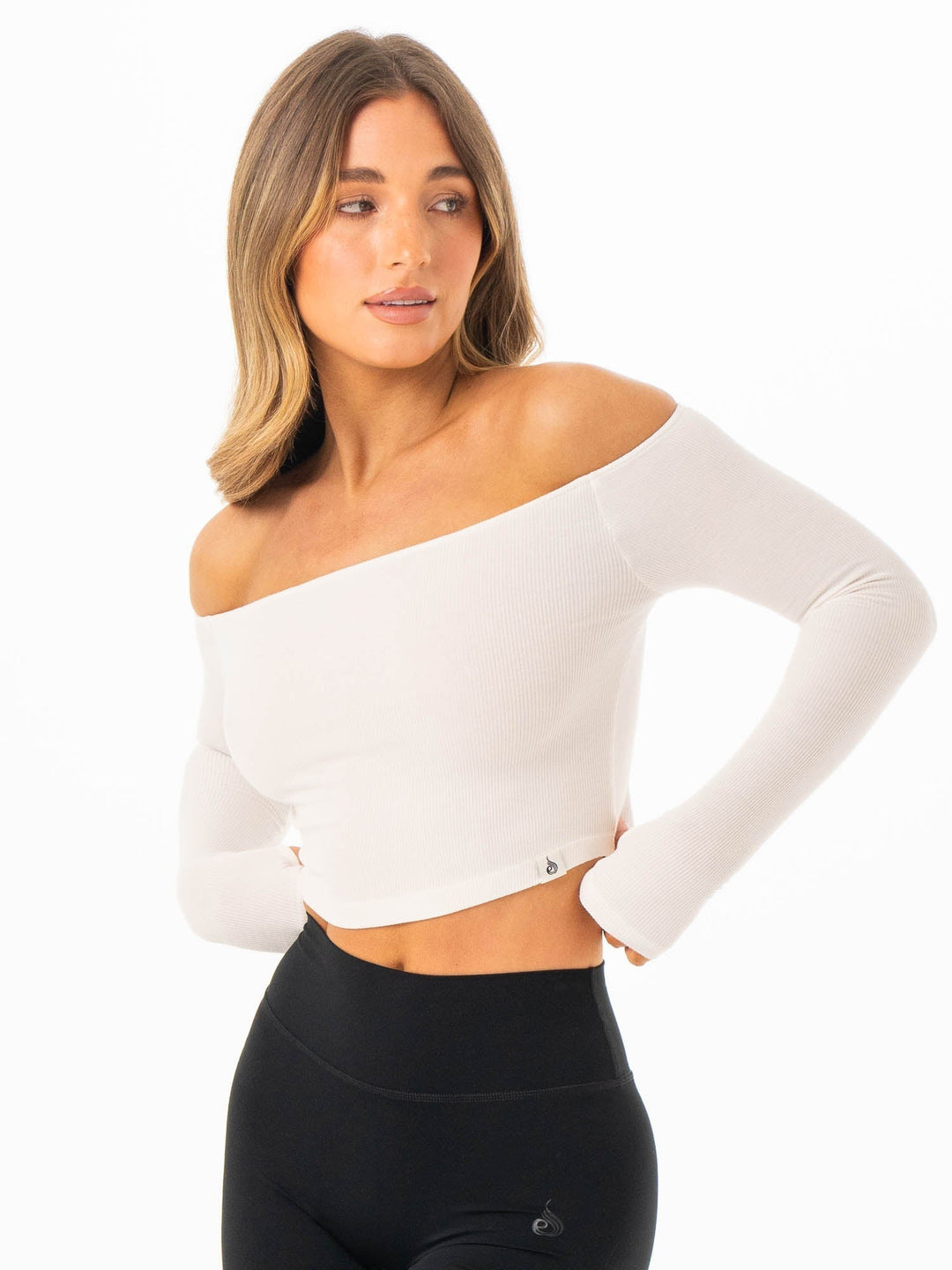 Ribbed Off Shoulder Long Sleeve Top - Off White Clothing Ryderwear 