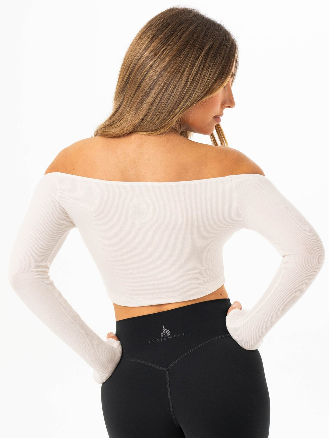 Ribbed Off Shoulder Long Sleeve Top - Off White Clothing Ryderwear 
