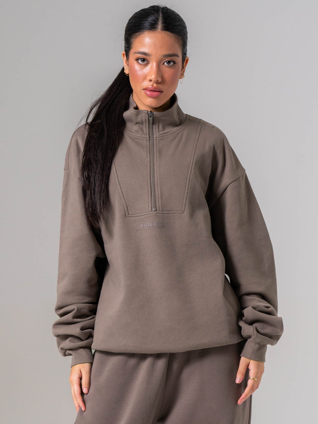 Unisex Fleece Half Zip - Deep Taupe Clothing Ryderwear 