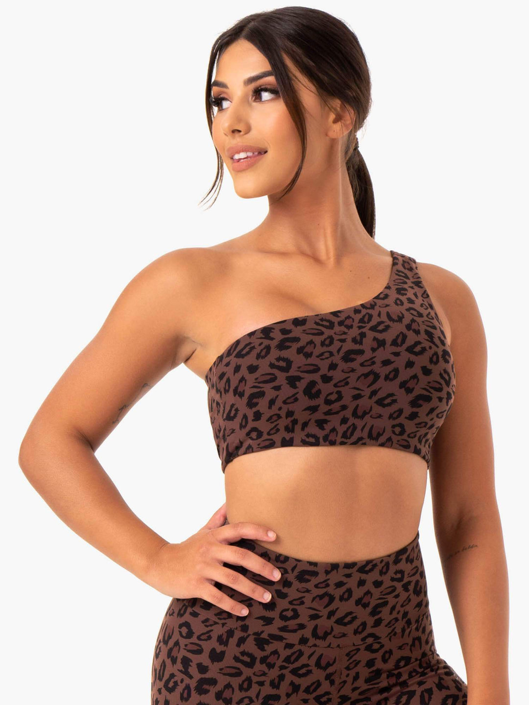 Adapt One Shoulder Sports Bra - Chocolate Leopard Clothing Ryderwear 