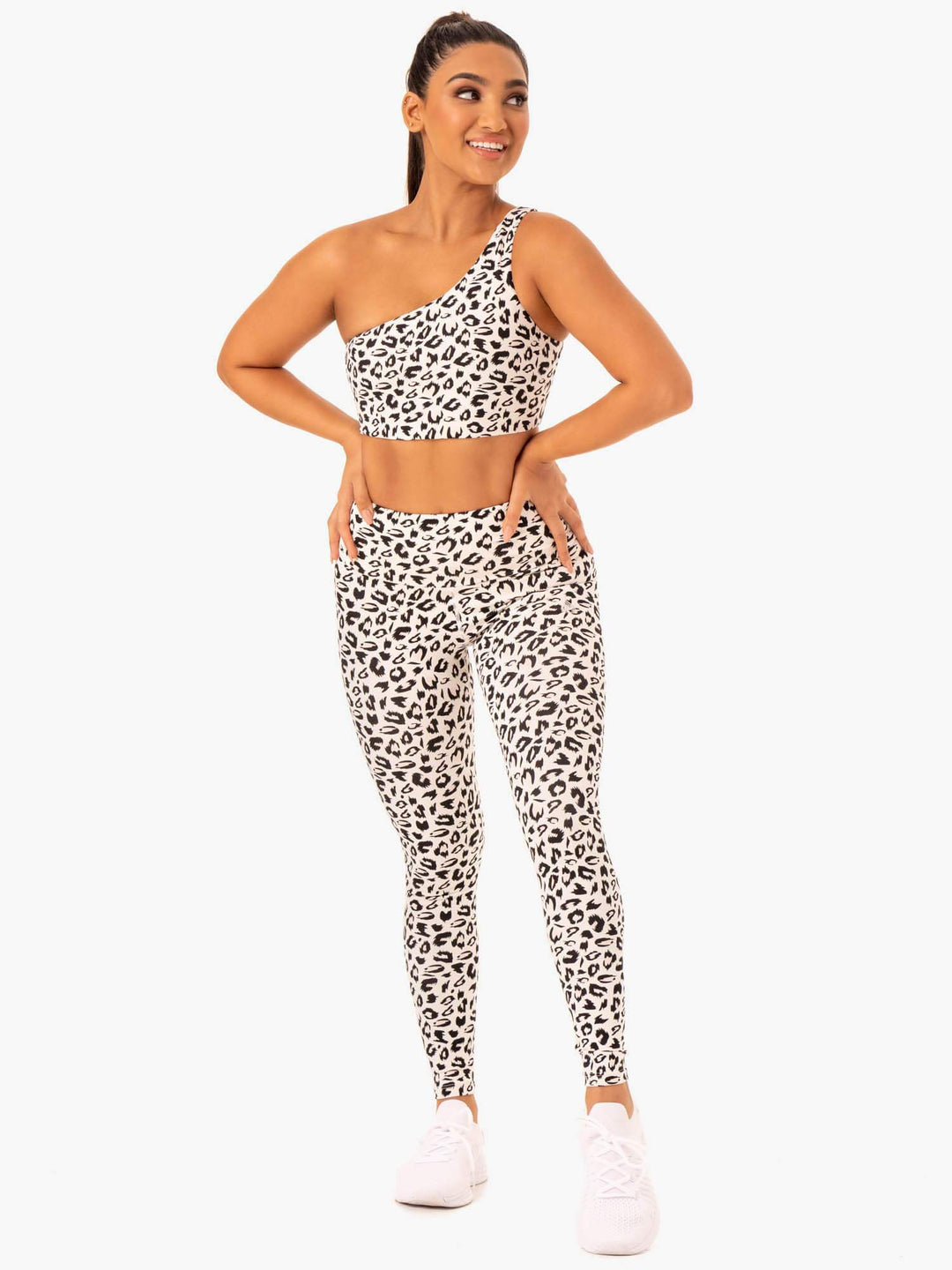 Adapt One Shoulder Sports Bra - Ivory Leopard Clothing Ryderwear 