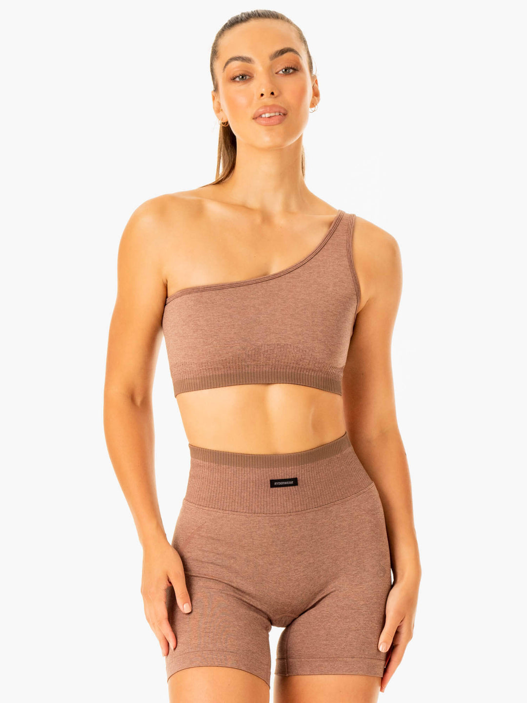 Excel Seamless One Shoulder Sports Bra - Mocha Marl Clothing Ryderwear 