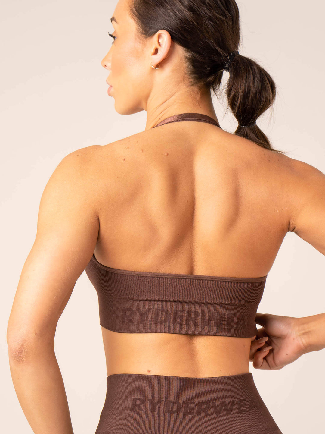 Lift Rib Seamless Halter Sports Bra - Chocolate Clothing Ryderwear 