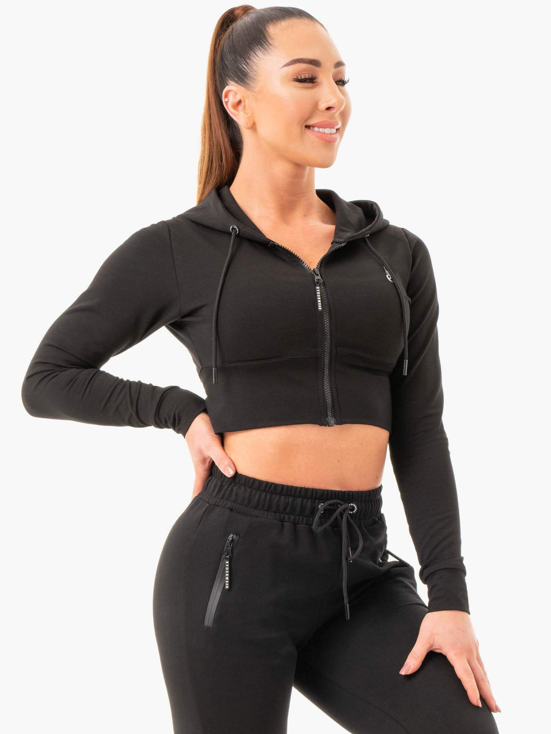 Luxe Cropped Zip Hoodie - Black - Ryderwear